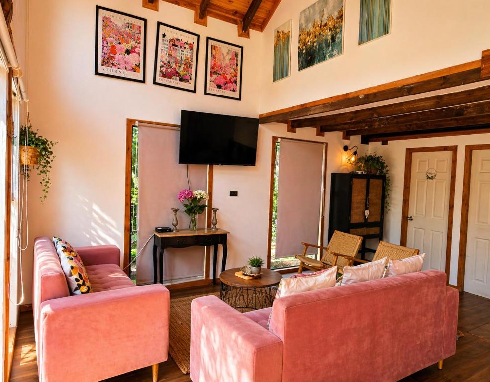 a living room with two pink couches and a flat screen tv at Casa Rosa in Coñaripe