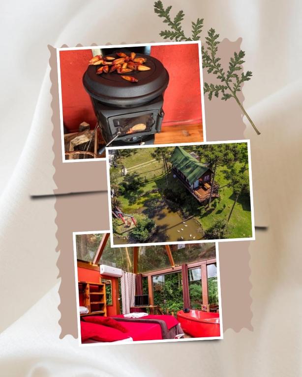 a collage of pictures of a house with a stove at Pousada Jardim do Buda com Café e Piscina in Urubici