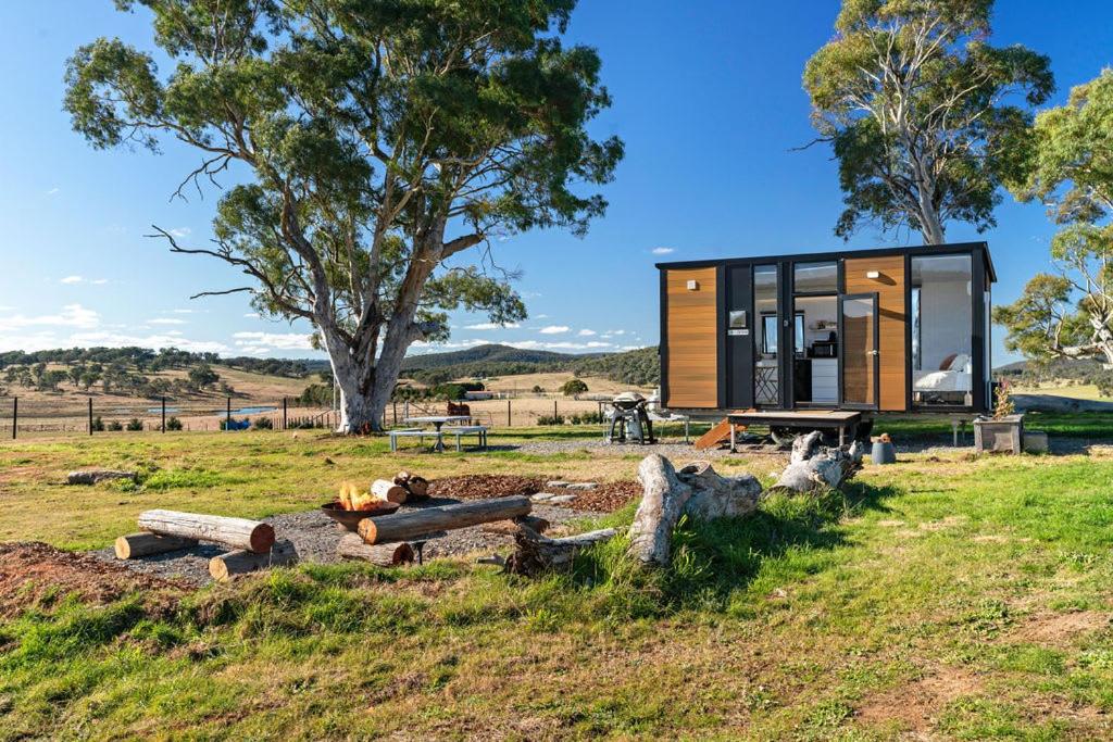 a tiny house in a field with logs at Clover at Lexington Park by Tiny Away in Tarlo