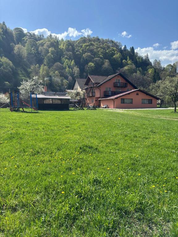 a field of green grass with a house in the background at Casa Keea in Moieciu de Sus