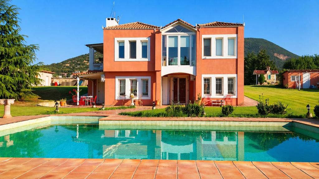 a house with a swimming pool in front of a house at Villa AVRA in Drama