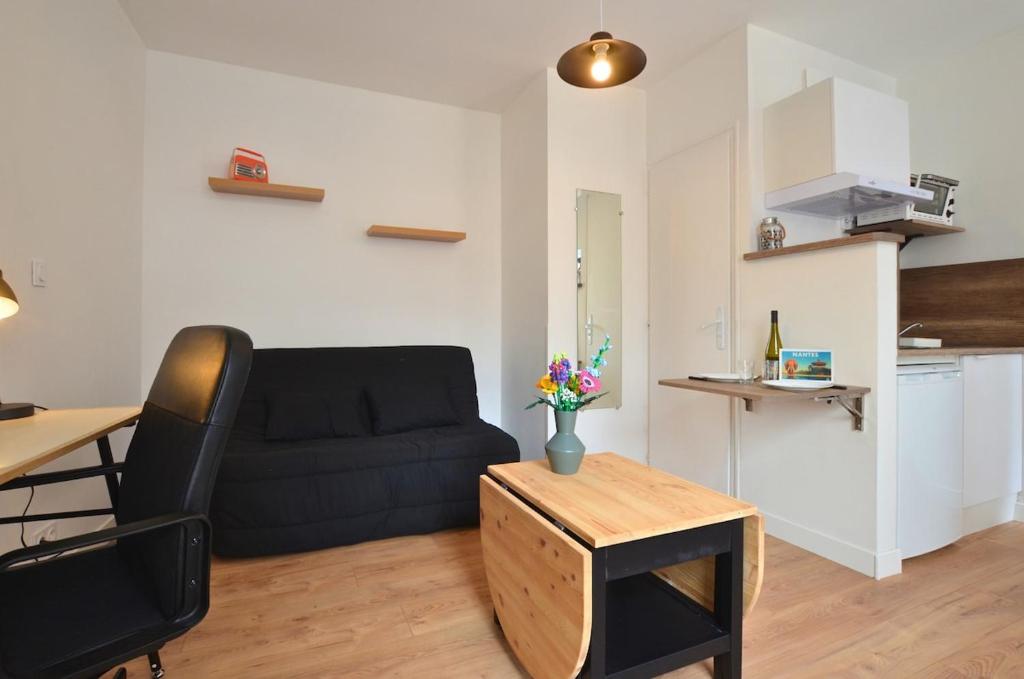 a living room with a black couch and a table at Le Petit Talensac in Nantes