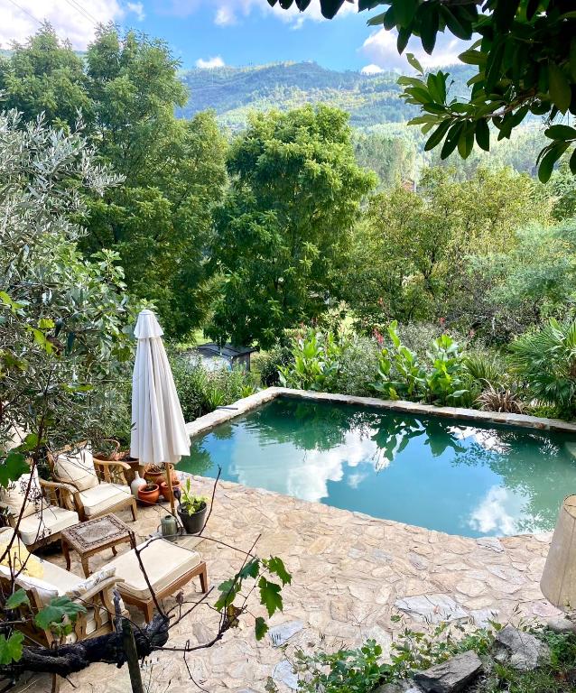 a swimming pool with two chairs and an umbrella at Quinta do Brejo in Vila Cova à Coelheira