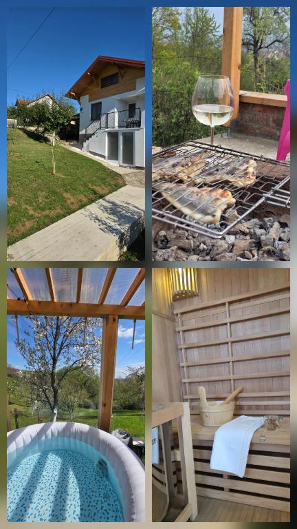 a collage of pictures of a backyard with a swimming pool at Kuća za odmor Marinano in Slavonski Brod