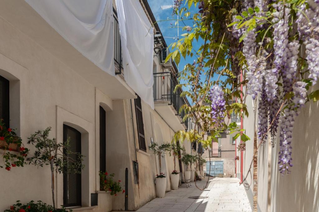 an alley with purple flowers in a town with buildings at Casa nel Borgo in Campomarino