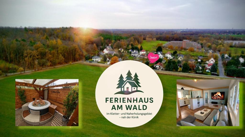 a collage of photos of a house with a sign at Ferienhaus am Wald - Leipzig Land Whirlpool & Infrarotkabine in Brandis