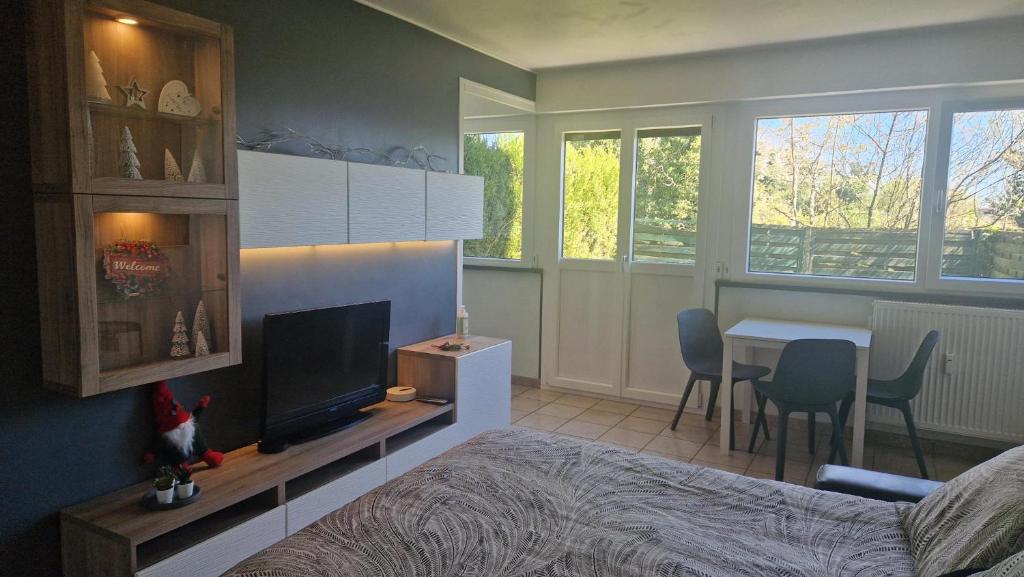 a bedroom with a bed and a television and a table at Prenepla in Ornex