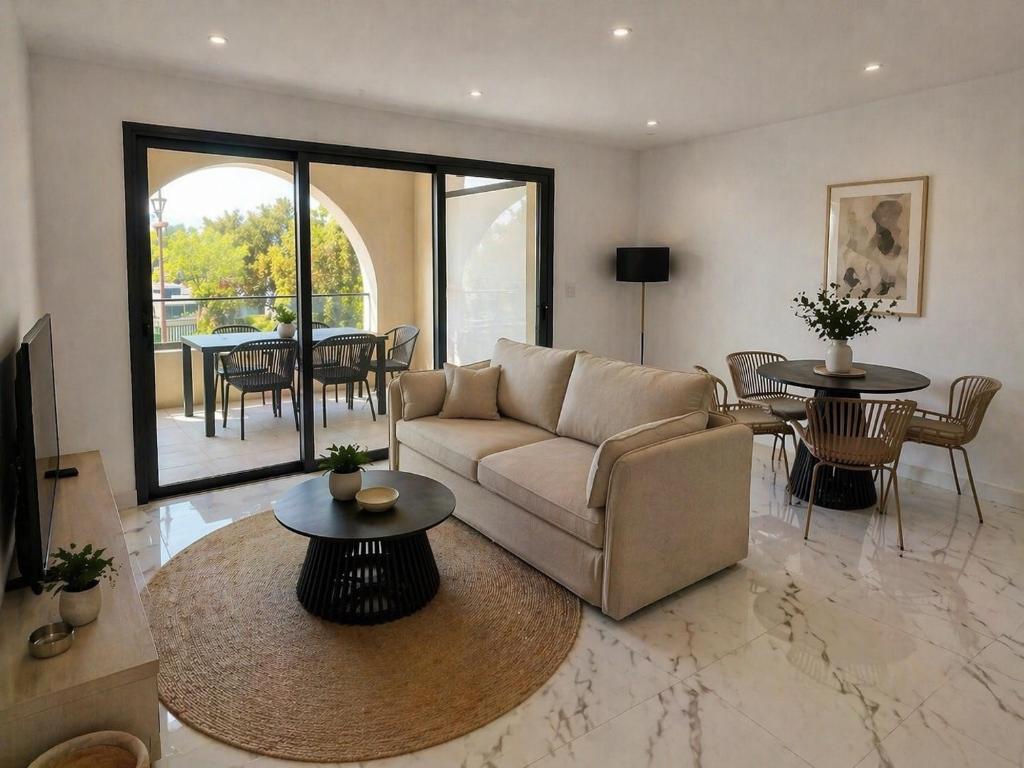 a living room with a couch and a table at Résidence Bozzi in Grosseto-Prugna