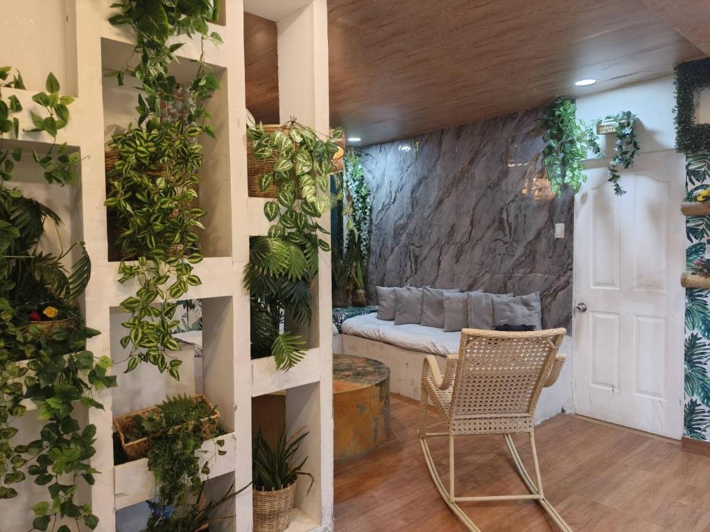a room with plants on the wall and a chair at Charming House with Private Pool in Bacolod
