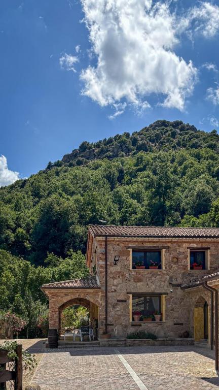 a stone house with a mountain in the background at Agriturismo Tuluschene in Gavoi