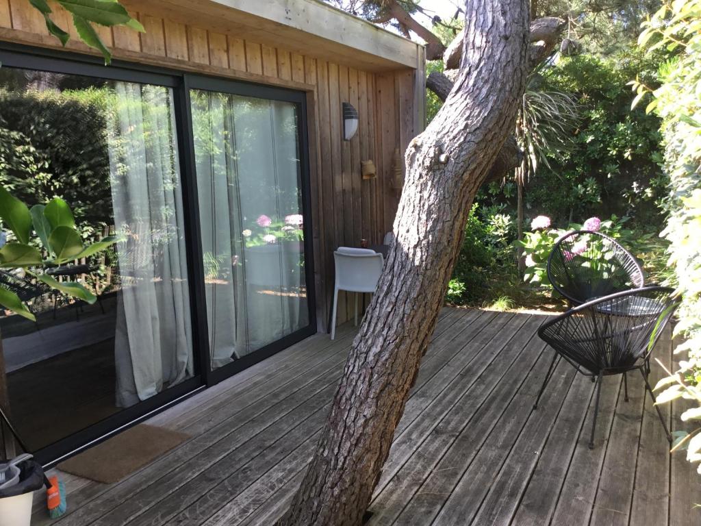 a large glass door on a deck with a tree at Cabane dans la verdure in Lège-Cap-Ferret
