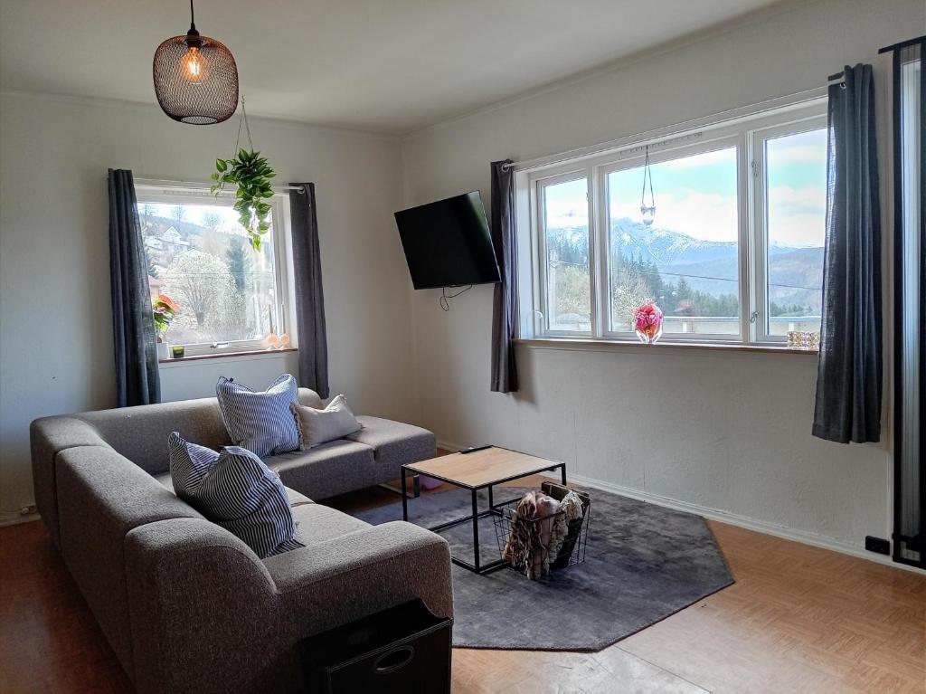 a living room with a couch and two windows at Hilltop wood house #1 all-inclusive in Kaupanger