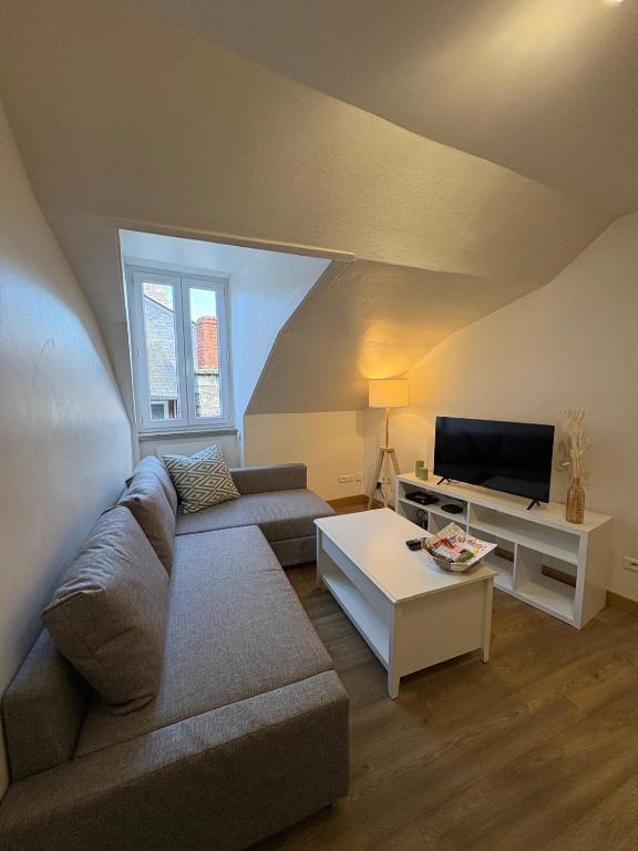 a living room with a couch and a tv at Le Petit Ussellois in Ussel