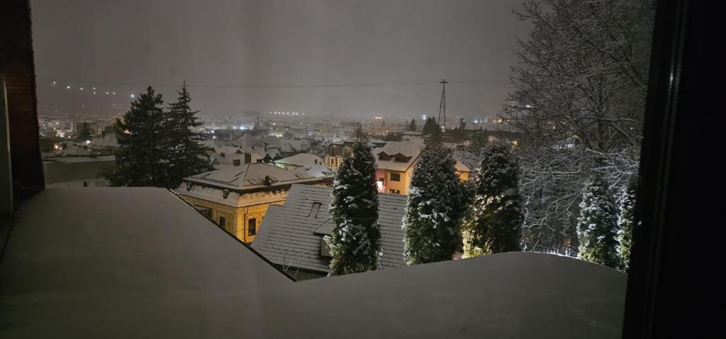 a view of a city at night with snow covered trees at Karmia Boutique in Piatra Neamţ