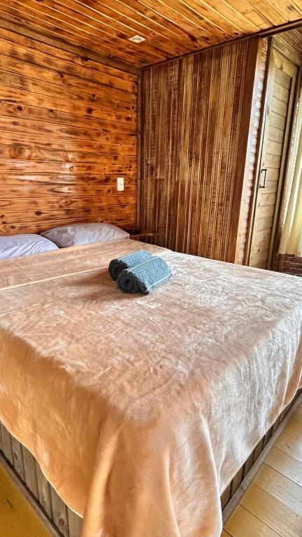 a bed in a room with a wooden wall at Studio Rústico - Refúgio Arara Azul in Urubici