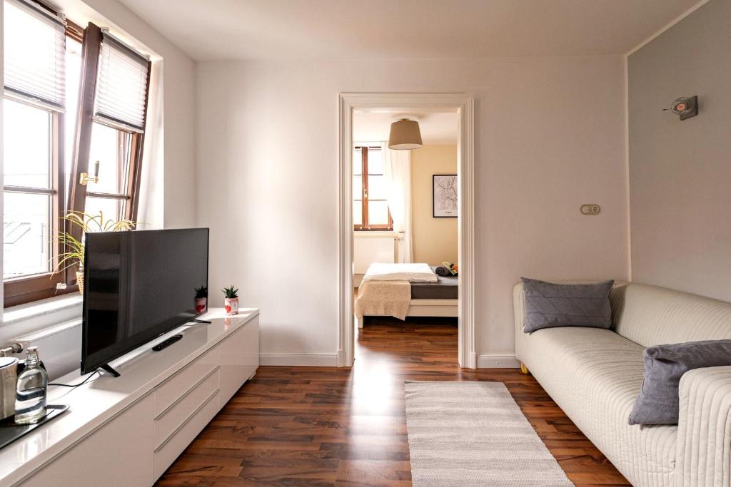a living room with a couch and a tv at Haus Schweiz in Bonn in Bonn