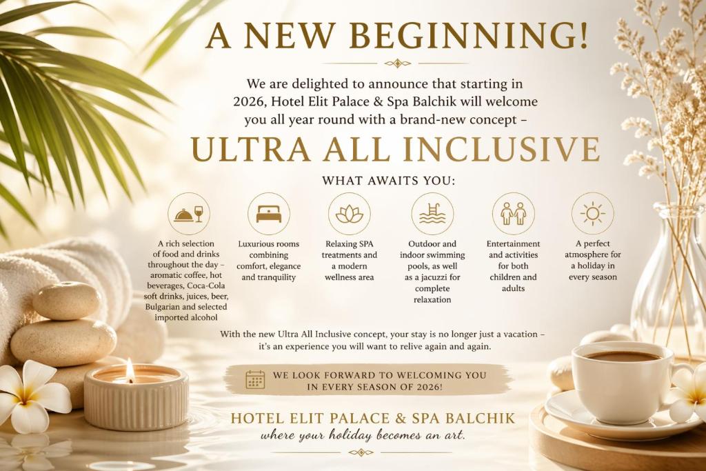 a new beginning flyer with a cup of coffee at Hotel Elit Palace and SPA in Balchik