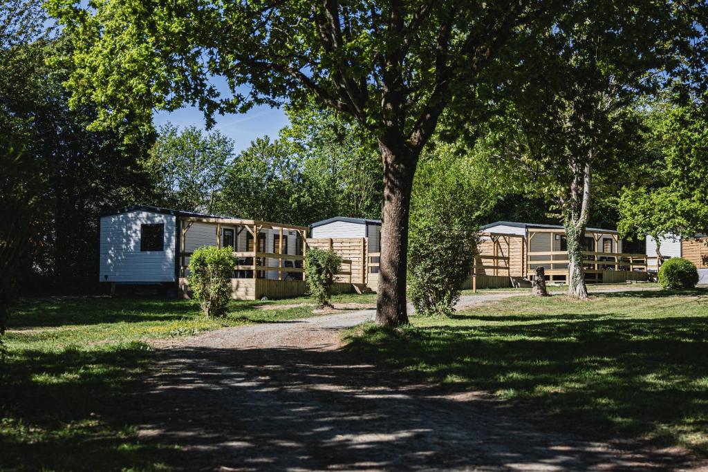 a group of houses in a park with a tree at Camping Terre d'Armor in Bourseul