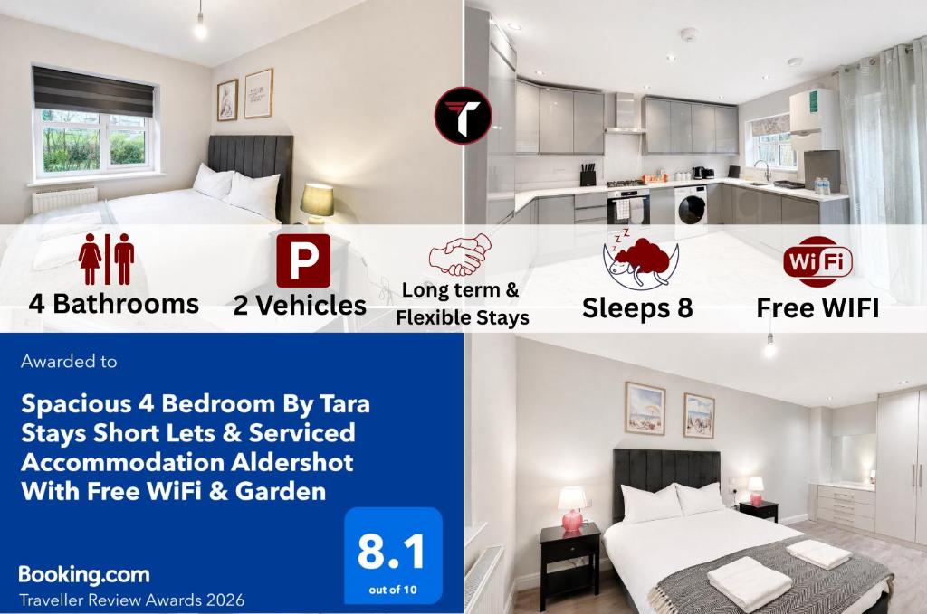 a collage of photos of a room with a bed and a kitchen at Spacious 4 Bedroom By Tara Stays Short Lets & Serviced Accommodation Aldershot With Free WiFi & Garden in Aldershot