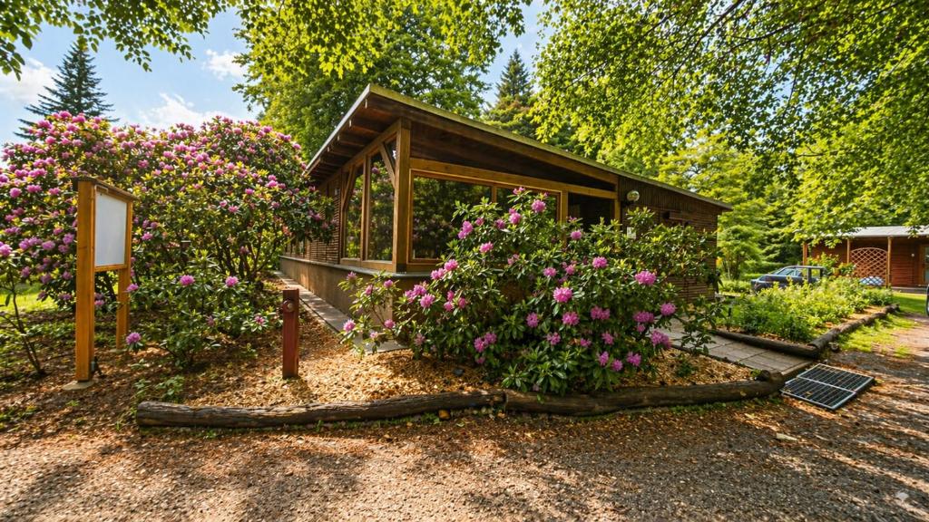 a small house with flowers in front of it at Großes Ferienhaus Bucheneck für Gruppen, Familien & Firmen 7 Schlafzimmer 3 Bäder große Terrasse nahe Rhododendronpark Kromlau in Kromlau