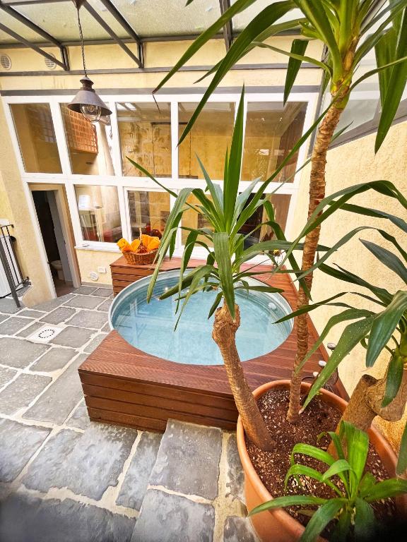a small pool with plants in a patio at Basso 61 Urban Oasis with Private Mini Pool & Courtyard - Families & Groups in Palermo