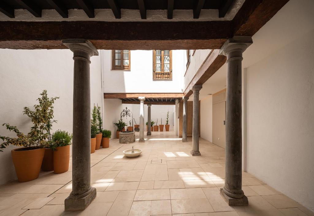 a hallway with columns and potted plants in a building at Casa Palacio Taubin in Granada