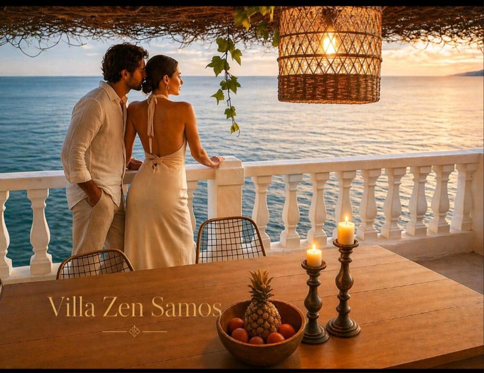 a bride and groom standing on a balcony overlooking the ocean at Villa ZeN- with Private garden and beach in Samos
