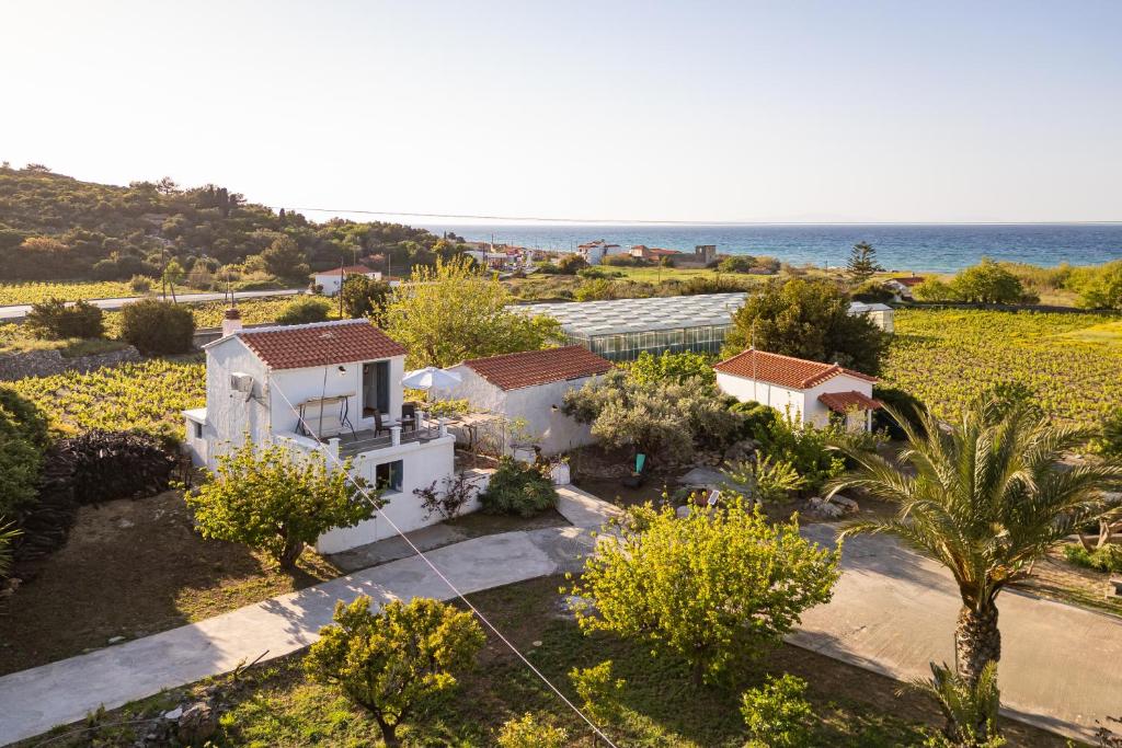 an aerial view of a house with the ocean in the background at Thalia's Cottage - Cozy, Romantic Retreat with Sea & Mountain views in Kámpos
