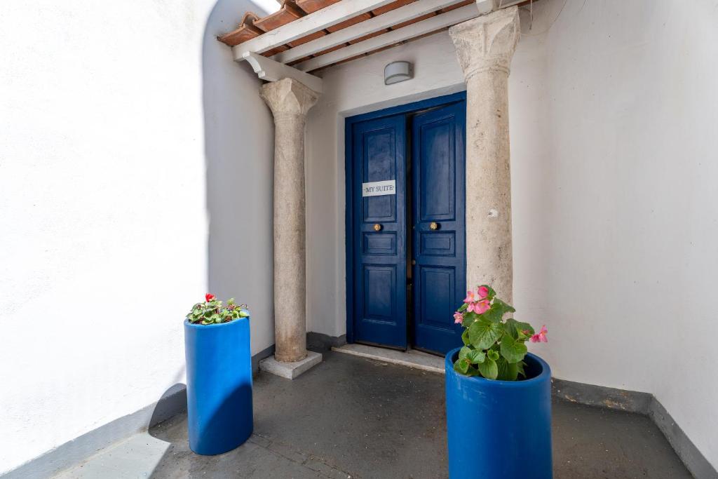 two blue vases with flowers in them in front of a door at My Suite Sorrento in Sorrento