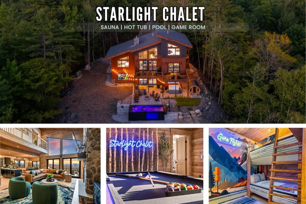 a collage of three pictures of a house at Epic Views, 9Mi SR, GameRmTheater, HTub, Sauna in Bethel