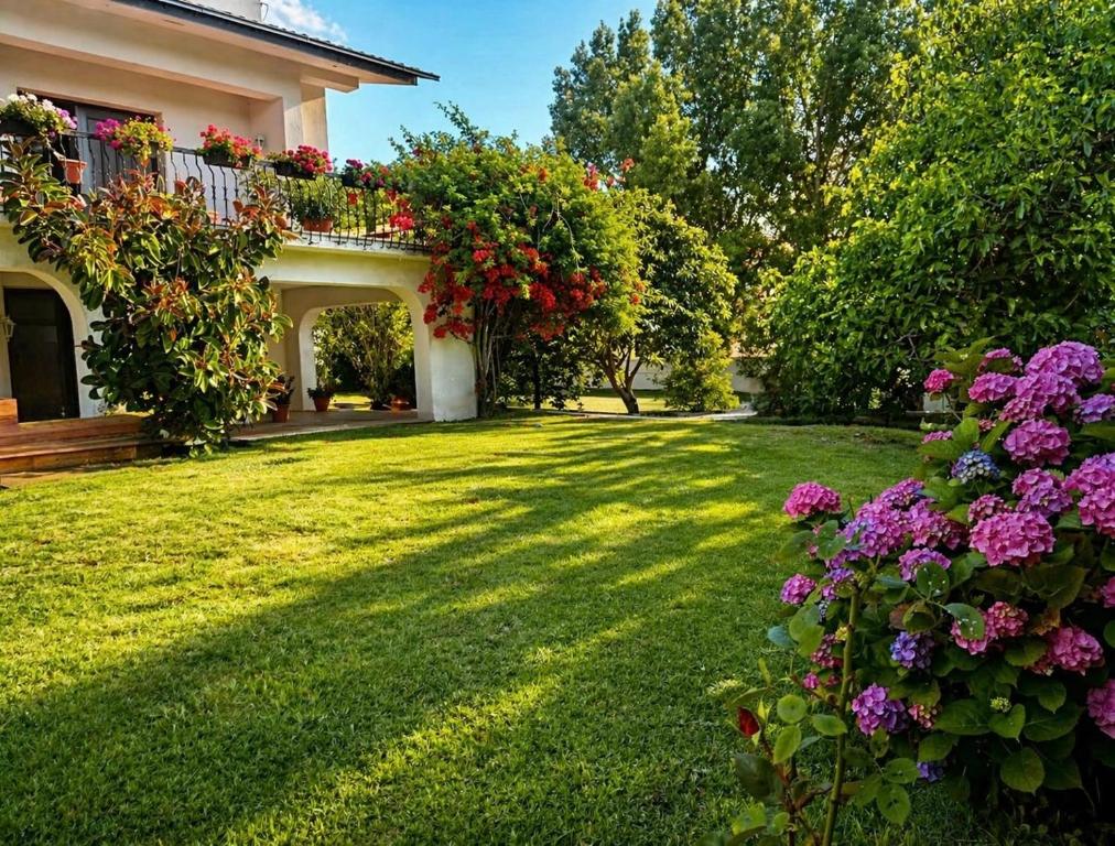 a yard with flowers and a house at Casa São José in Figueira da Foz