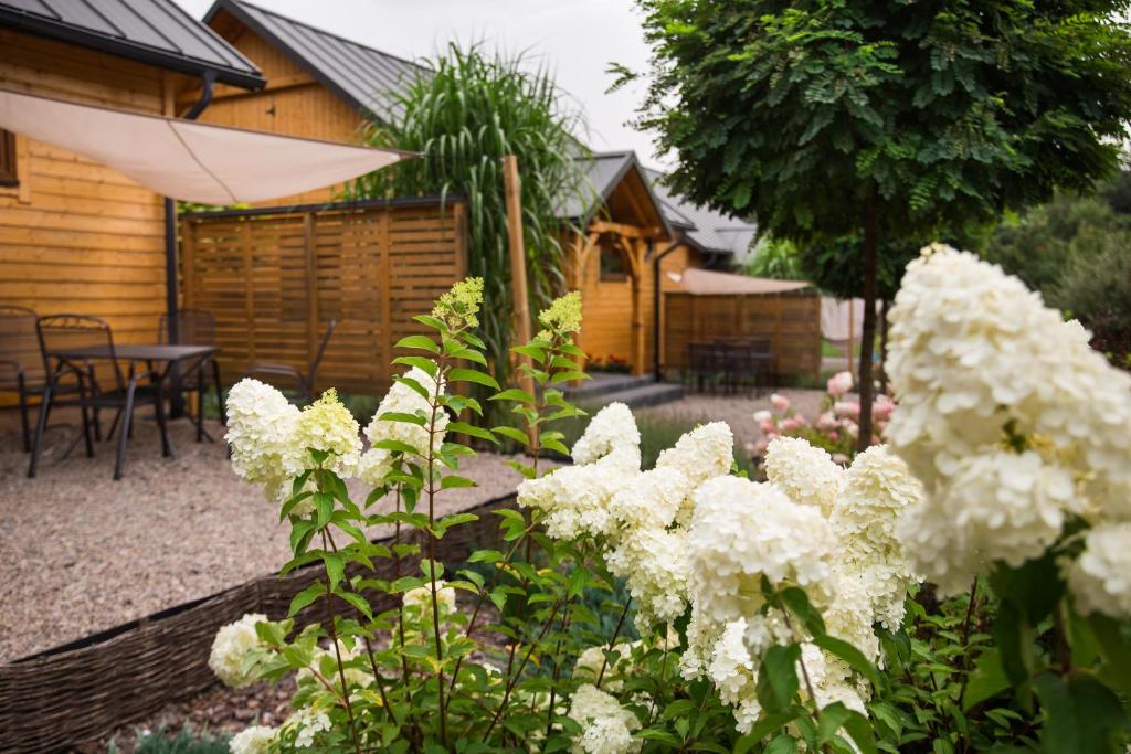 a garden with white flowers and an umbrella at Leśne Siedlisko in Józefów