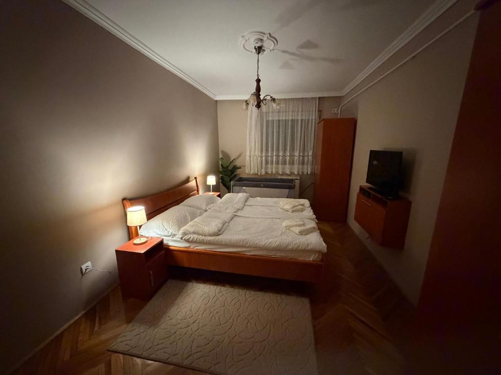 a bedroom with a bed with two lamps and a television at Welcome Ma-Ko in Makó