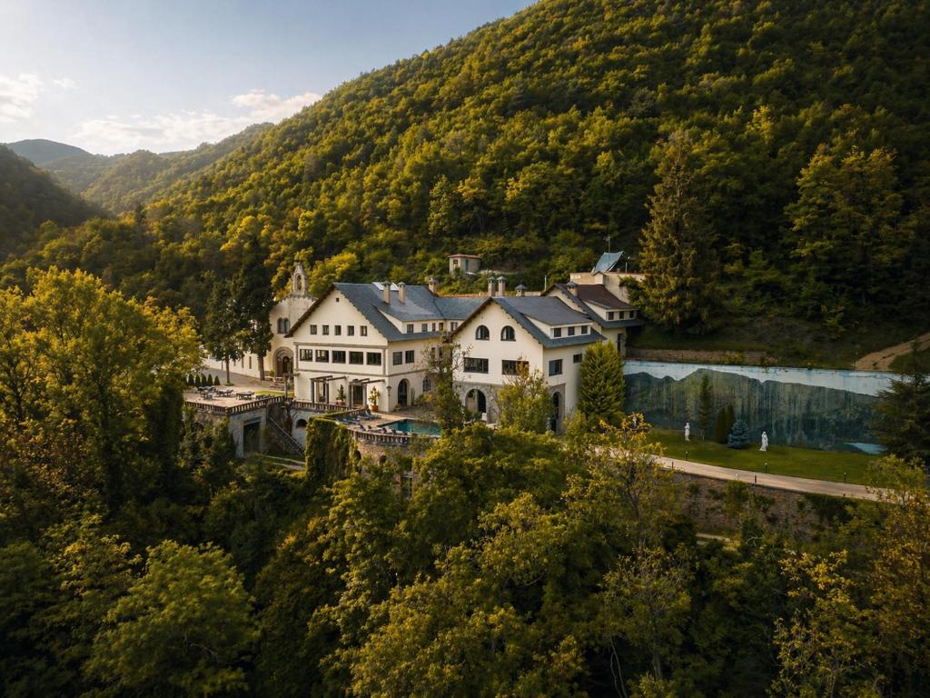 an aerial view of a large house in the mountains at Angelats Hotel - A Signature Boutique Hotel & Restaurant in Ribes de Freser