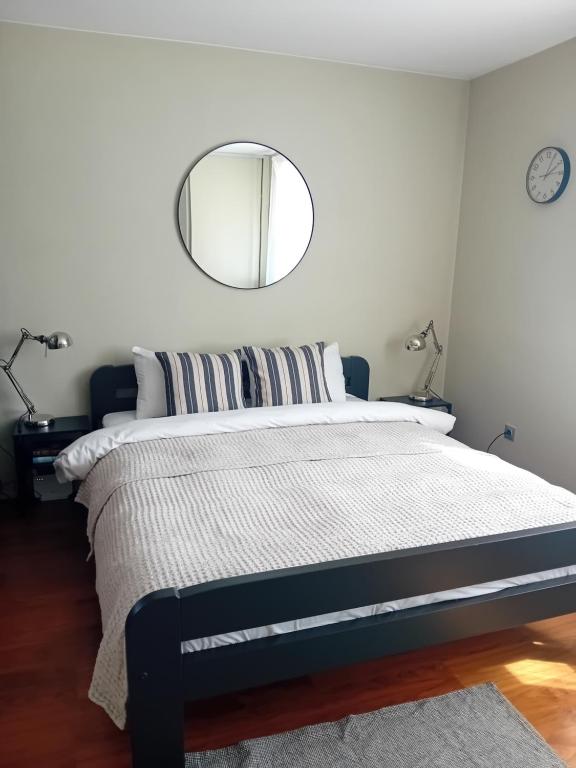 a bedroom with a large bed and a mirror at Grīvas apartamenti in Ogre