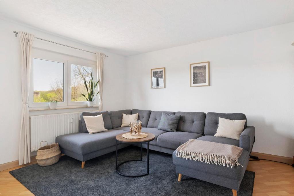 a living room with a blue couch and a table at Four Seasons in Krautheim