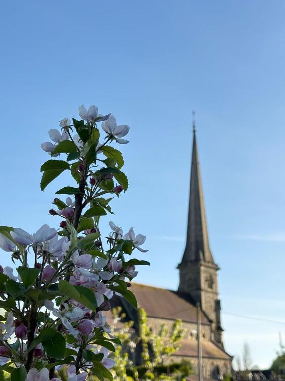 a church with a steeple and a tree with purple flowers at Tŷ Twt in Pontardawe