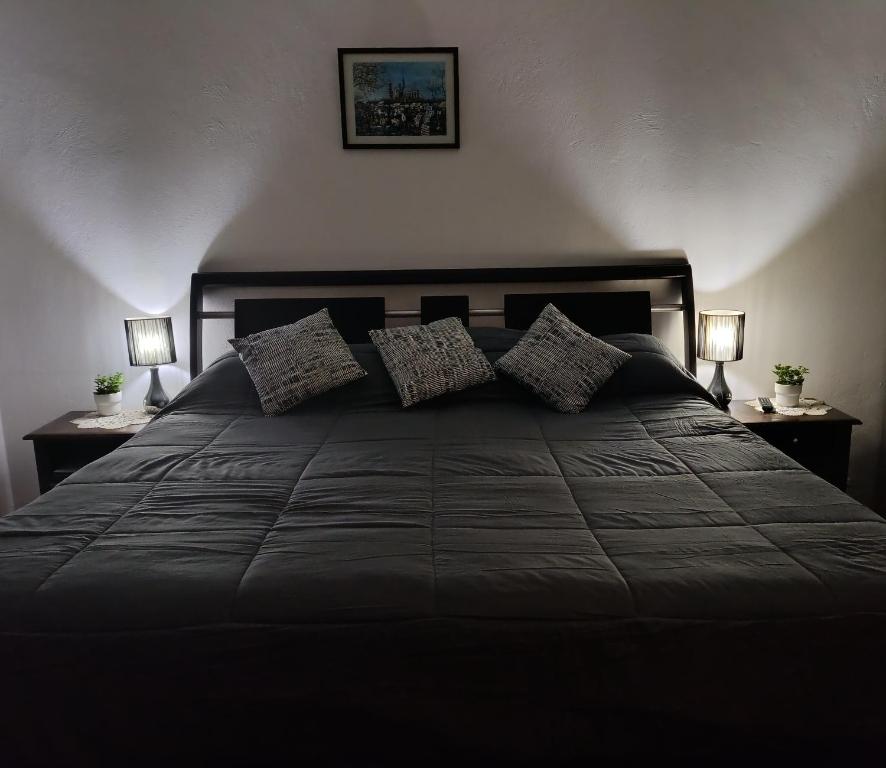 a bedroom with a large bed with two lamps at Loft Maria in Tlazcalancingo