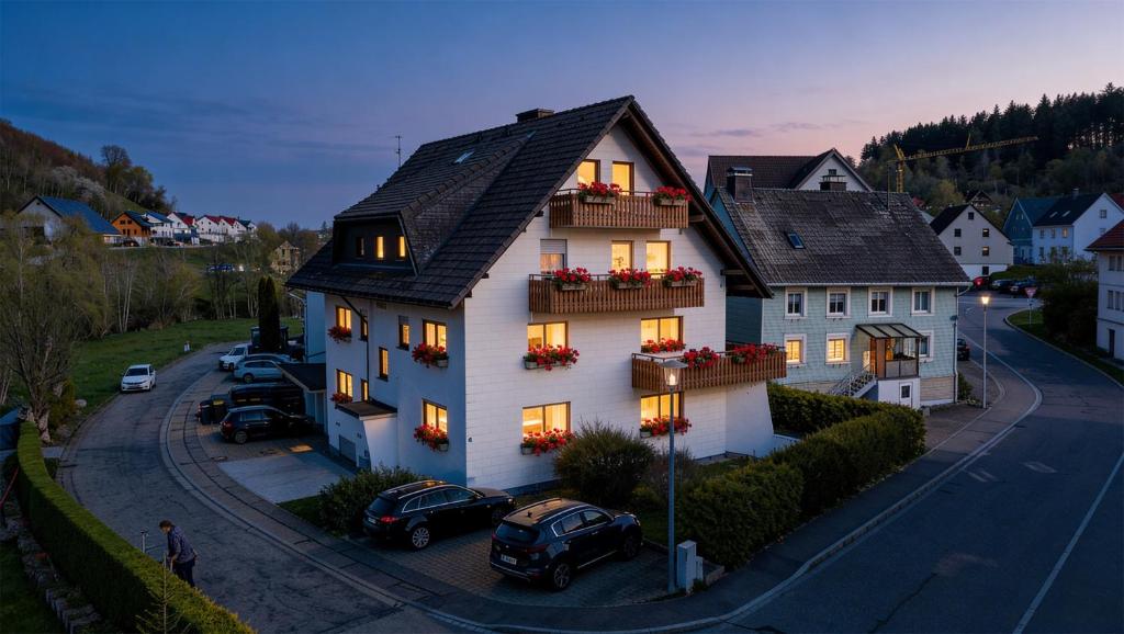 a large white house with flowers on the windows at Gästehaus Schwörer in Lenzkirch