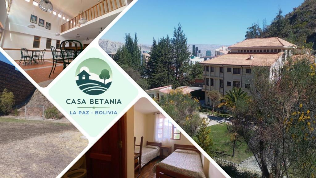 a collage of three pictures of a house at Casa Betania in La Paz