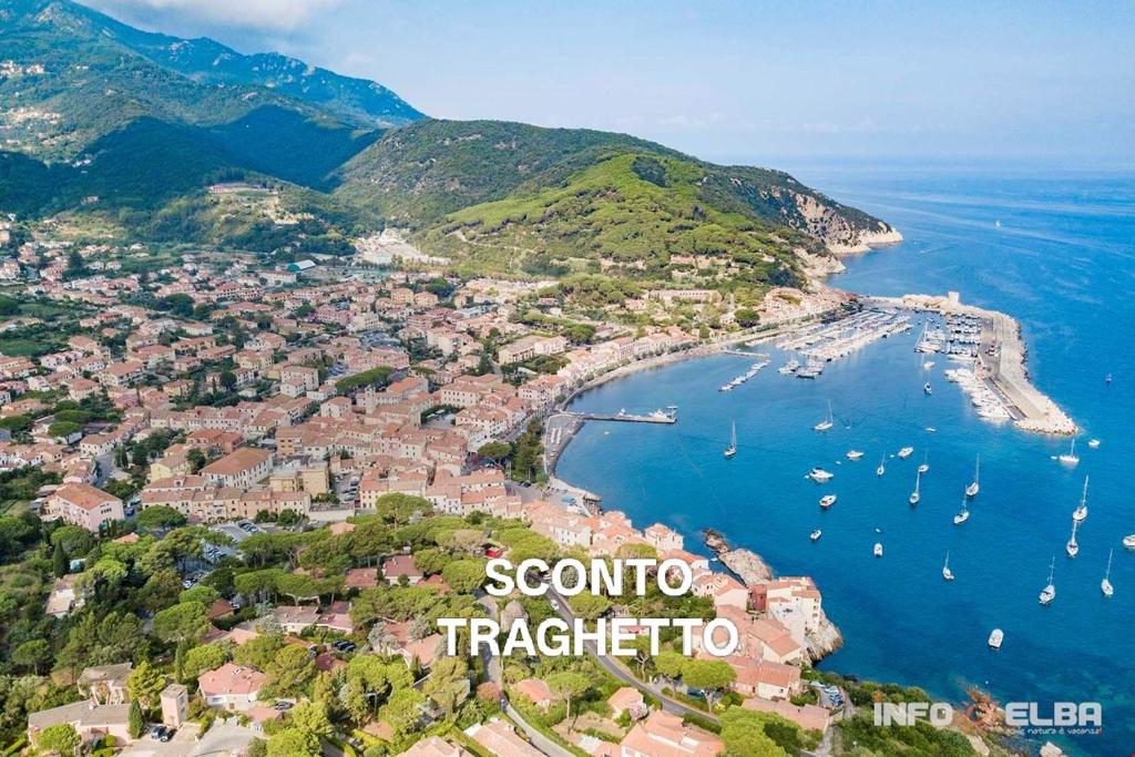 an aerial view of a harbor with boats in the water at Appartamento Le Ancore in Marciana Marina