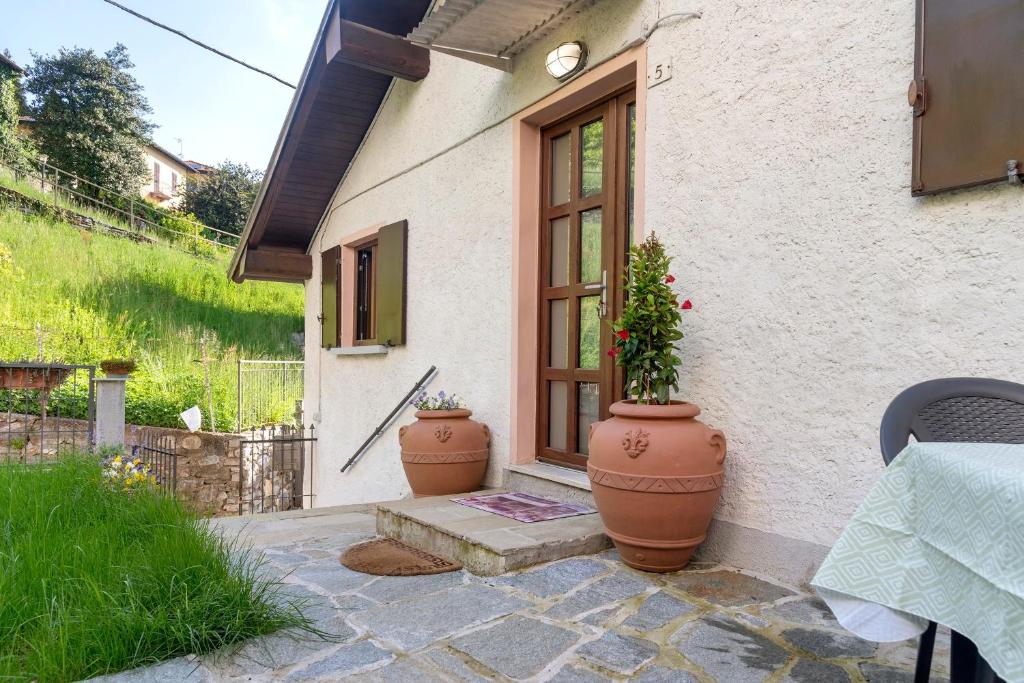 a house with two large pots next to a door at La casetta in Marzio