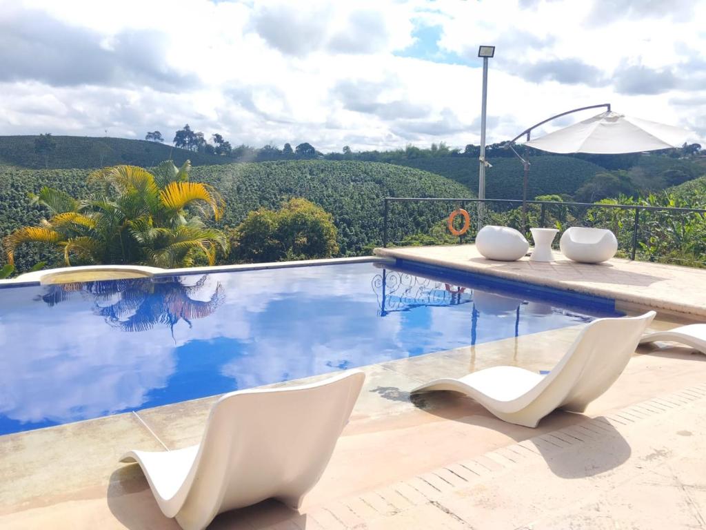 a pool with white chairs and a view of the mountains at Finca Hotel Los Girasoles in Montenegro