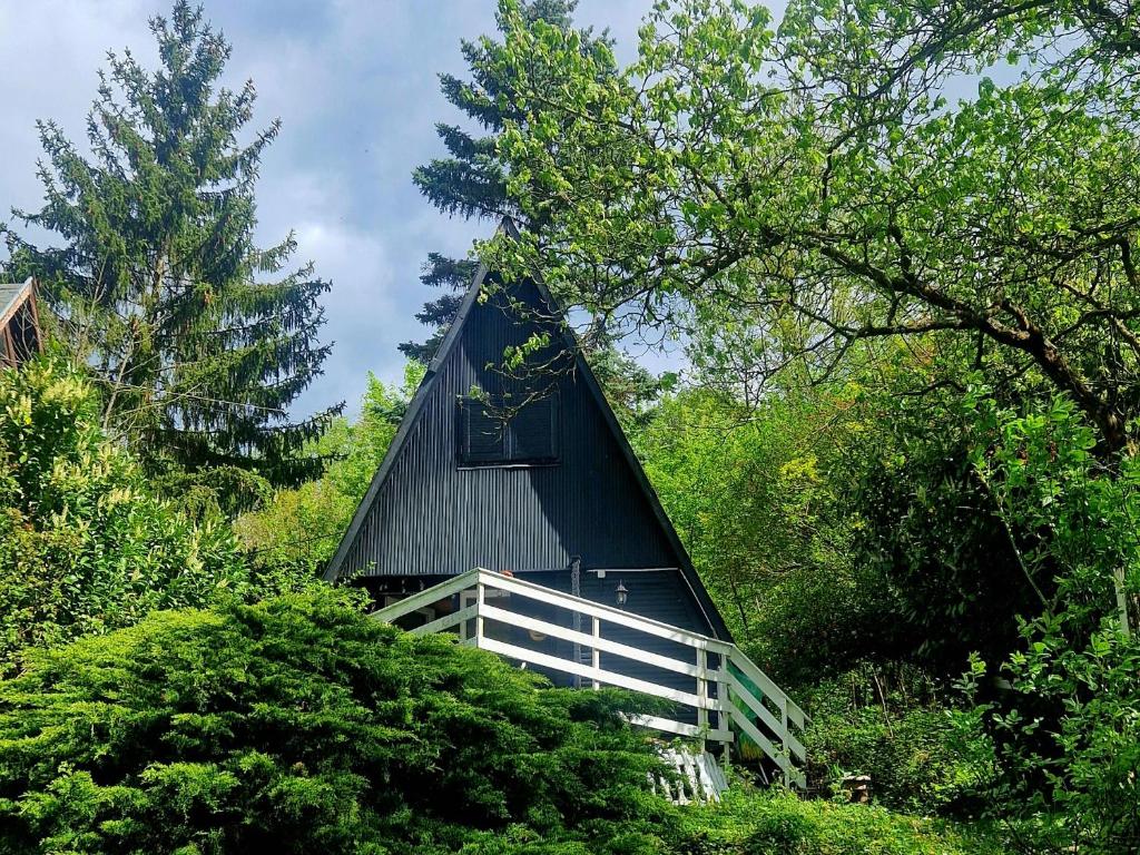 a black cabin with a balcony in the trees at Albatross Duna Retreat in Dömös
