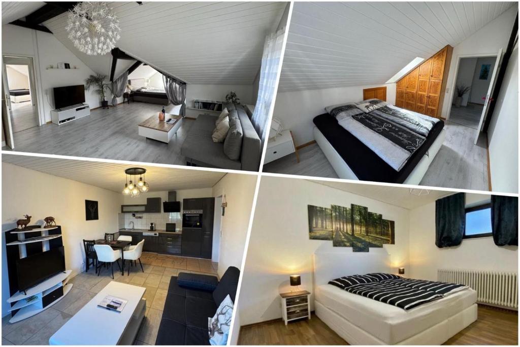 a collage of photos of a bedroom and a living room at Schwarzwaldglück 2 Einheiten in St. Blasien