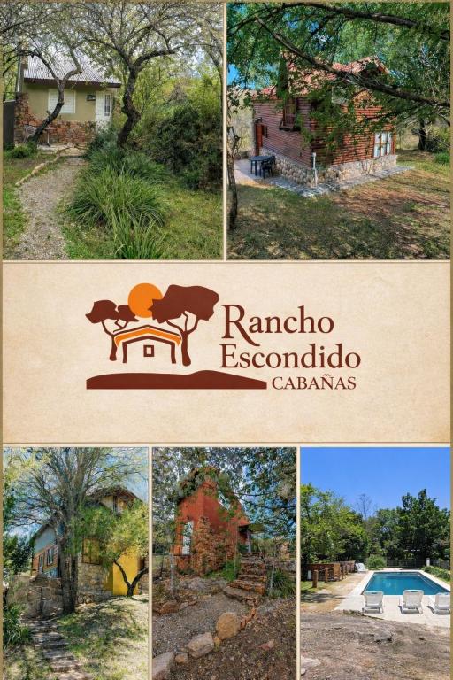 a collage of photos with a house and a sign at Rancho Escondido in Mina Clavero