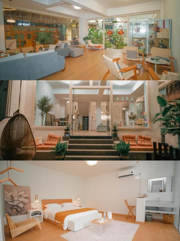 two pictures of a living room and a bedroom at Leye Inn in Yangshuo
