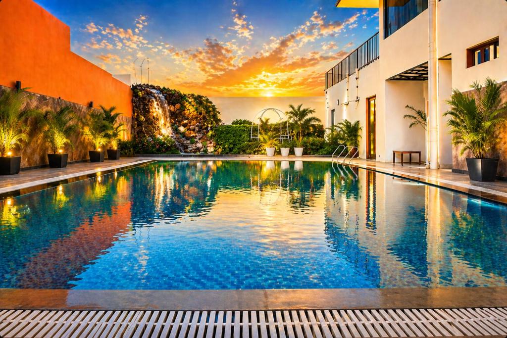 a swimming pool in front of a building with a sunset at Platinum Royal Excellency in Udaipur