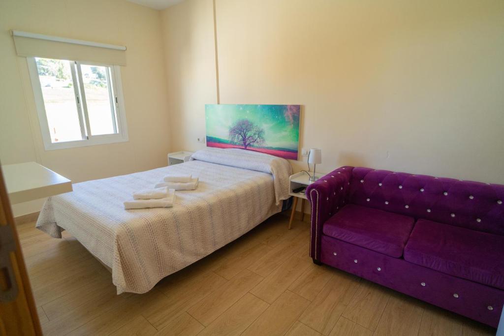 a bedroom with a bed and a purple couch at Piso La Buganvilla in Bailén