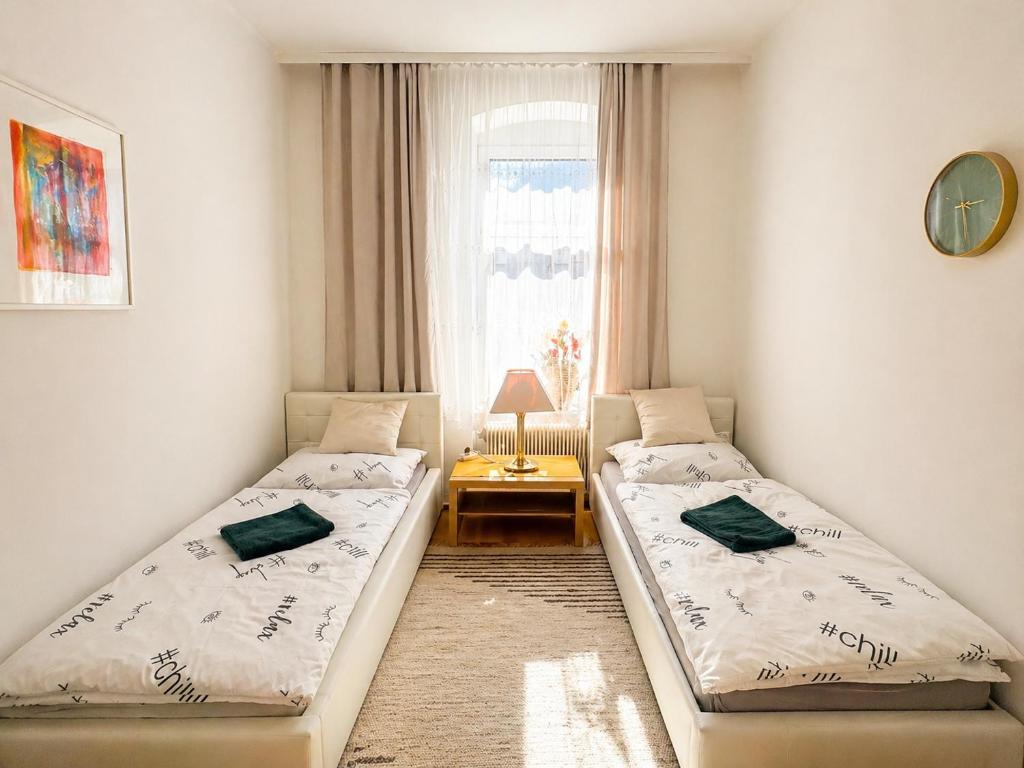 two beds in a small room with a window at Beenie 16 in Linz